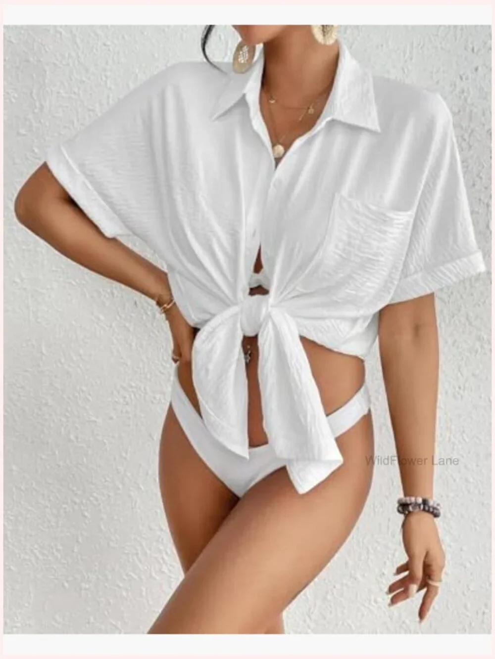 Short Sleeve Button Down Shirt Dress Cover Up Beach Vacation Outfit